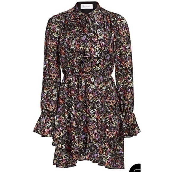 Derek Lam 10 Crosby Floral Silk Tie-Neck Ruffle-Hem  Dress Black Multi 4 NEW - Picture 5 of 15